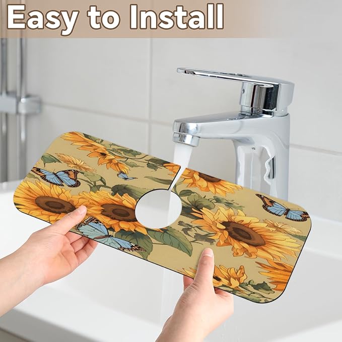 Sunflower Butterfly Pattern Kitchen Faucet Mat Splash Guard, 15.4”x5.7” Absorbent Quick Drying Sink Mat for Countertop Protection, Draining Mat Sink Protectors For Kitchen Bathroom, 1 Pack