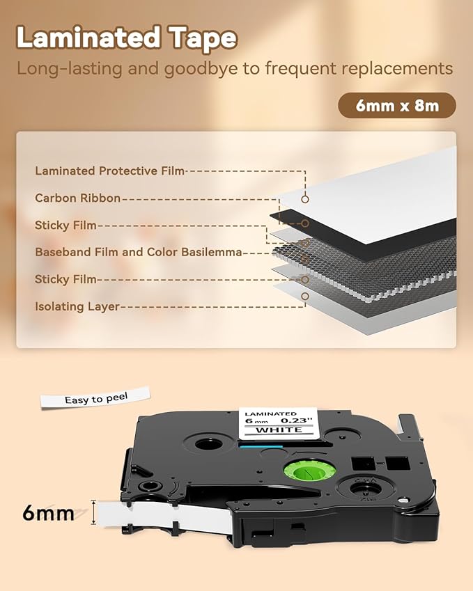 TZe-211 TZe211 TZe TZ Tape 6mm 0.23 Laminated White Replacement for Brother Label Maker Tape 6mm P Touch Label Tape, Compatible with Brother PT-D220 PT-D210 PT-H110 PT-D400 PT-D600, 1/4 Inch, 5-Pack