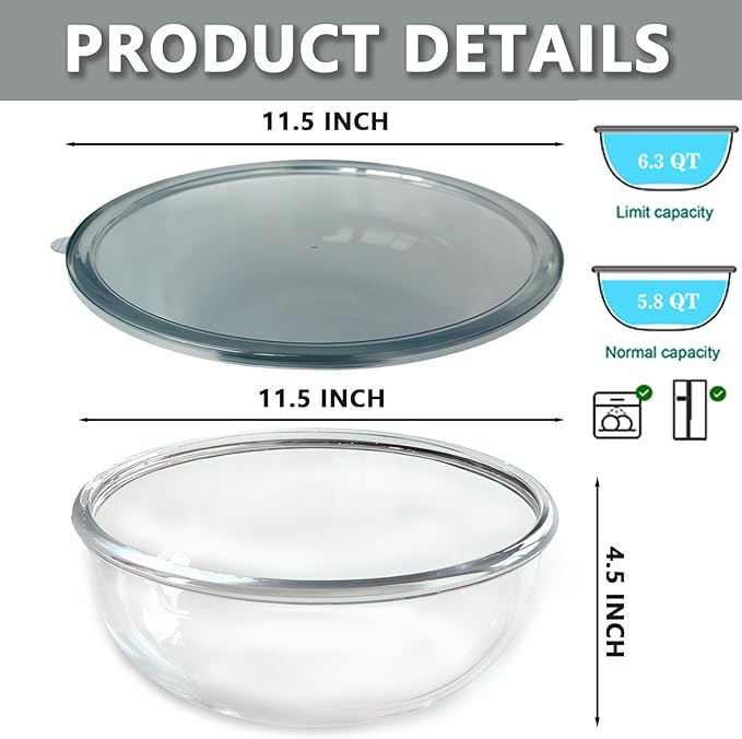 CD HOME Large Glass Mixing Bowl with Lid,6.3 Quart Thickened Bowl Edges Clear Glass Salad Cooking Bowls for Sourdough, Salad and Storage Prepping