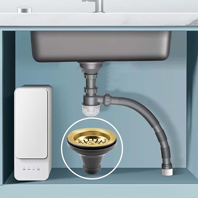 3-1/2'' ﻿Kitchen Sink Drain Kit Sink Drain Basket Sink Drain Assembly 304 Stainless Steel Sink Strainer Drain Basket Replacement Fit Standard Sink Drain Hole(Gold)