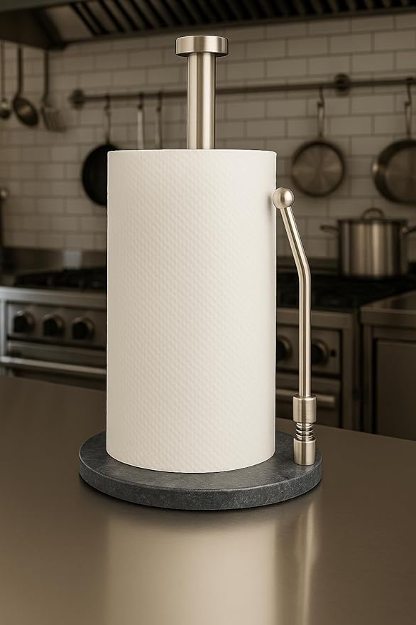 Paper Towel Holder with Marble Base – Heavy Weighted Countertop Holder, Stainless Steel Stand with Natural Stone Base, Modern Kitchen Paper Towel Dispenser