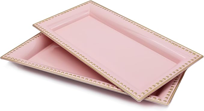 Leemxiiny 2 Pack Pink Bathroom Vanity Tray for Countertop with Beads, Small Plastic Toilet Tank Versatile Storage Organization Tray for Makeup, Perfume, Desk, Kitchen, Candles, 14"x7"x1", 36P