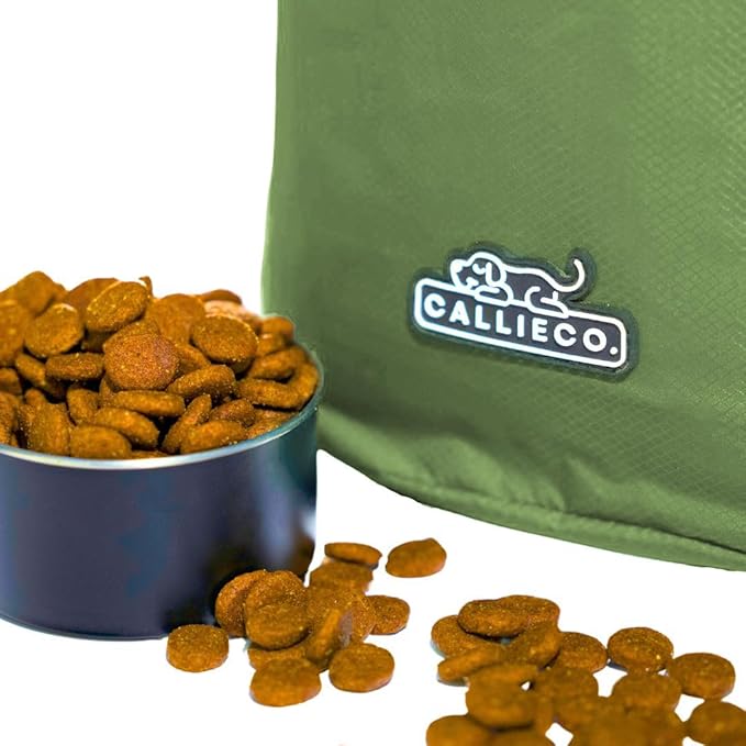 Callieco Dog Food Travel Bag w/ 1 Cup Scoop and Zipper Side Pocket | Waterproof Kibble Storage Container for Home, Road Trips, Camping, Boarding and More (Green, 32 Cups)
