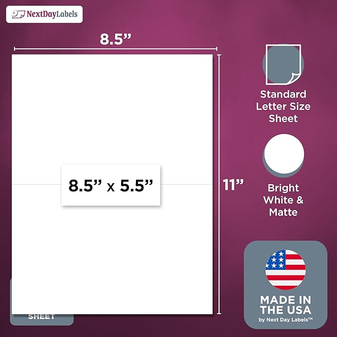 NextDayLabels 8.5x5.5 Half Sheet Stickers White Blank Labels for Laser Inkjet Printer - 2 Per Page Self-Adhesive Shipping Packaging Product Made in USA - 200 Labels