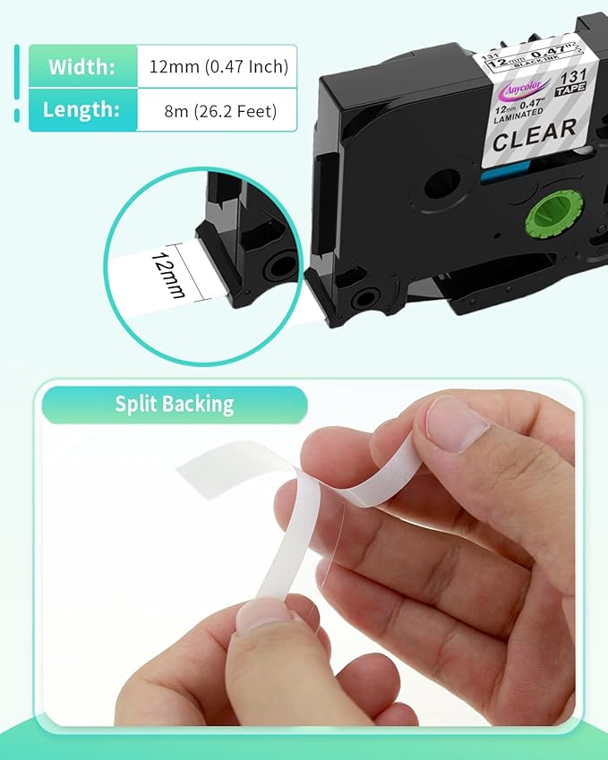 Anycolor TZe-131 TZ Tape 12mm 0.47 Laminated Clear Replacement for Brother P-Touch Label Tape Clear TZe131 TZ-131 Tape, Work with PTouch PT-D210 PTH110 PTD220 PTD410 PTD400 D600 Label Maker, 5-Pack
