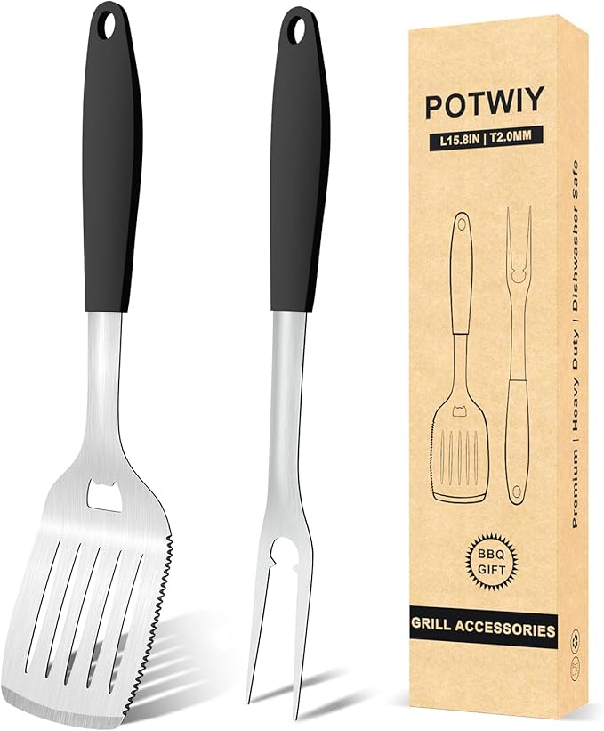 POTWIY Grill Tools BBQ Accessories Set of 2, 15.8'' Heavy Duty Stainless Steel Grill Utensils with Grill Spatula and Fork, Full Tang Silicone Handle, Outdoor Grilling Tools Barbecue Accessories