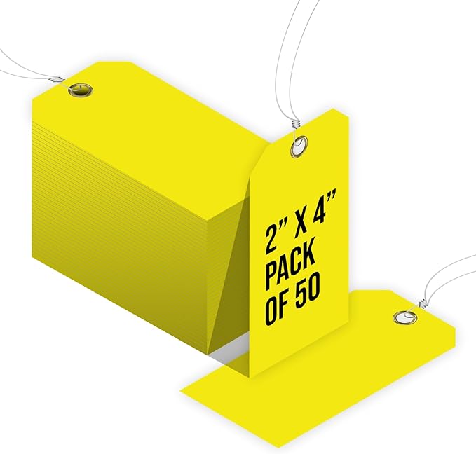 Tags 4 Less 15 Mil Blank Plastic Hang Tags with Attached Wires – 2" x 4" Heavy Duty Waterproof Hanging Labels for Outdoor Tagging, Equipment, Luggage, Valves & More (Yellow, Pack of 50)