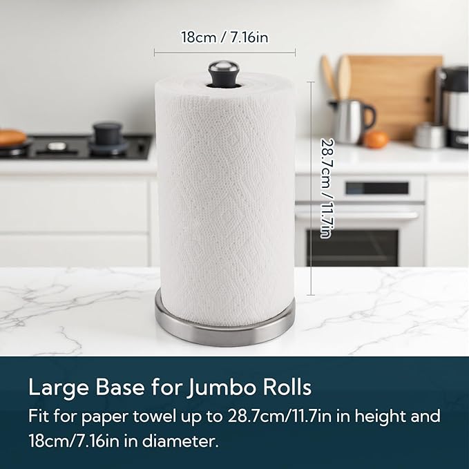 KITCHENDAO One-Handed Countertop Paper Towel Holder, Rotation Freestanding Kitchen Paper Holder Stand, Stainless Steel Paper Roll Holder with Weighted Base High-Adhesion Pad Sticker