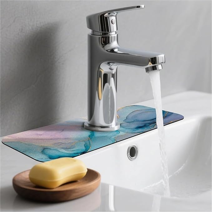 Kitchen Sink Splash Guard，Elegant blue purple alcohol ink Faucet Mat Sink Gadgets-Super Absorbent Fast Drying Mat Drip Catcher for Kitchen, Bathroom,Sink Mat, Dish Drying Mat, Bathroom(15" X 5.5" )
