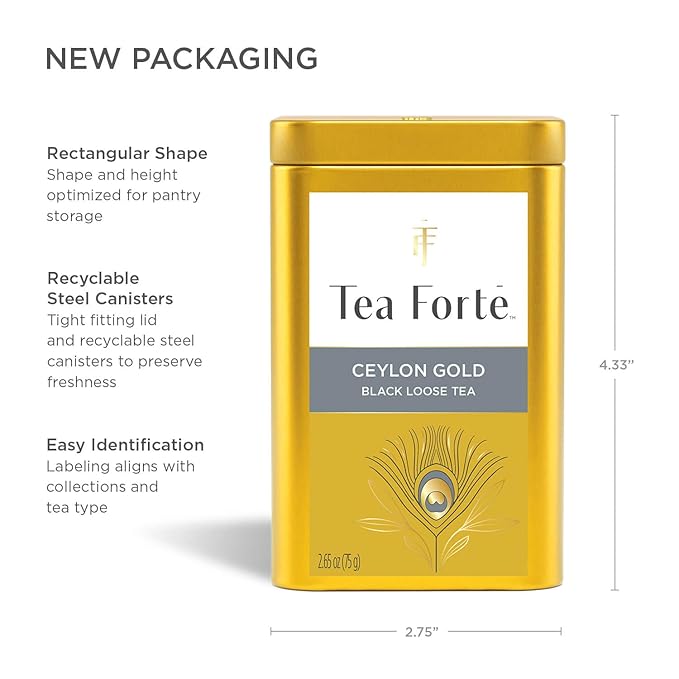 Tea Forte Ceylon Gold Premium Loose Leaf Caffeinated Black Tea Blend Canister, Makes 35-50 Cups