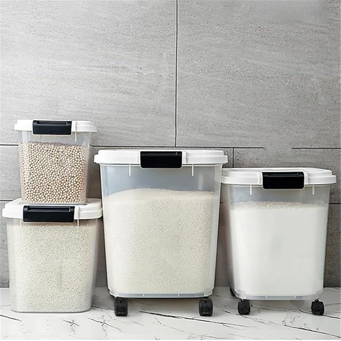 HANAMYA 30 LB Rice Storage Container with Measuring Cup, BPA free, For Rice | Grain | Pet Food | Flour, 2 coun, Clear & Black