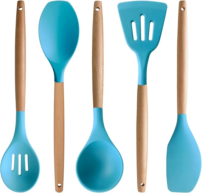 IOCBYHZ Silicone Kitchen Cooking Utensils Set, 5-Piece Non-Stick Silicone Kitchen Utensils Spatula Serving Spoons Turner Ladle Set w Wooden Handle Heat Resistant Cooking Gadgets for Nonstick Cookware
