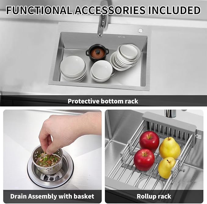 27 Inch Kitchen Sink Drop in Stainless Steel Top Mount Sink with Brushed Finish, Single Bowl Workstation Sink with Basket Strainer and Kitchen Sink Organizer, 26.8"D x 17.7"W x 8.3"H