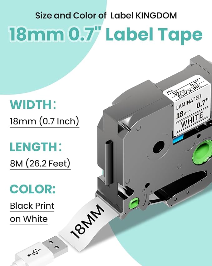 18mm Label Tape Compatible with TZe-241 Brother Label Maker Tape 18mm 0.7 Inch Tz Laminated White TZe241 PTouch Black on White for PTD410 PT-D400 PT-D610BT PTD600 Refill, 3/4 Inch, 8 Pack