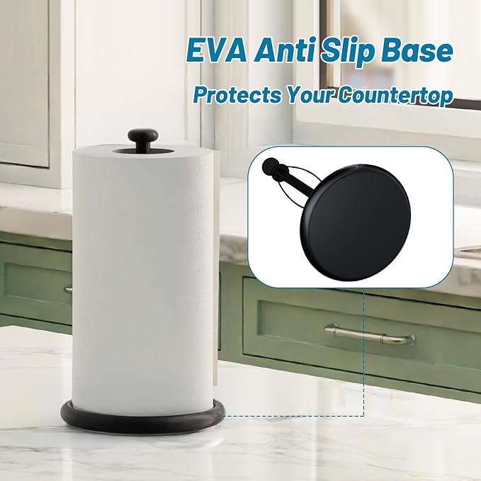 VEHHE Paper Towel Holder Countertop with Weighted Base, One-Handed Tear Paper Towel Holder with Damping Function and EVA Non-Slip Pad for Bathroom and Kitchen (Black)