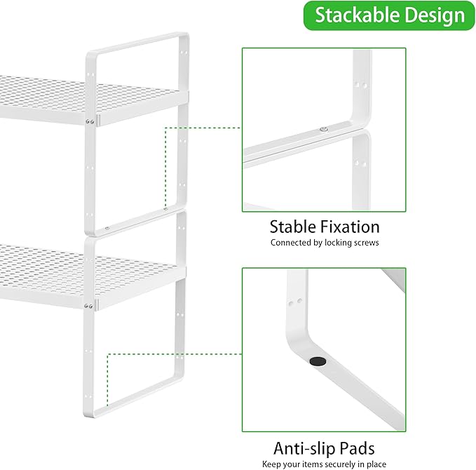 SOFRON Expandable Cabinet Storage Shelf Stackable Organizer Rack for Kitchen Bathroom Pantry Spice Cupboard Coffee Countertop Home Office Desk Heavy Duty Nonslip White Small 3 Packs