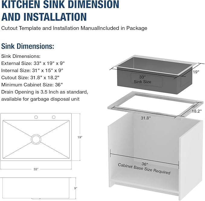 33" x 19" Drop-In Kitchen Sink, 9" Deep Single Bowl Topmount with Nano Coating, Stainless Steel for Kitchen & Laundry Room, Includes Accessories