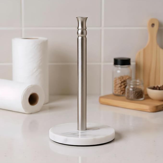 Siwil Paper Towel Holder Stand, One-Handed Ripping Paper Towel Roll Holder Countertop, Heavy Marble Base, NOT Tip Over - (Marble, Brushed Nickel)