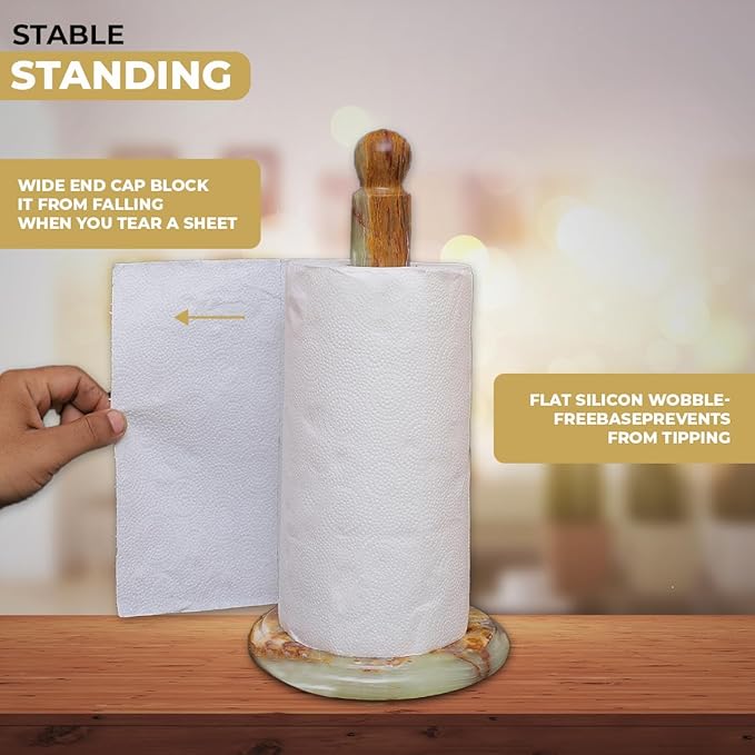 Marble Kitchen Paper Towel Rack Holder Handmade Paper Roll Holder with Stand Non-Slip - Wrapping Paper Holder for Kitchen Countertop, Cabinet & Bathrooms - Hand Towel Rack Standup Holder (Onyx Green)