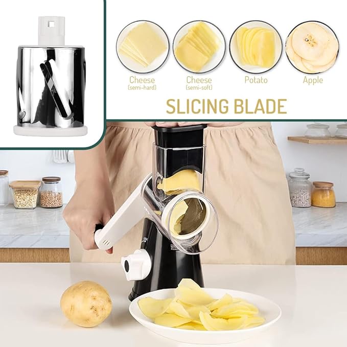 Maxceysen Rotary Cheese Grater with Handle Vegetable Shredder Round Kitchen Slicer Mandoline Grater for Vegetable, Nuts, Chocolate, Chesse, White, 3 Stainless Steel Blades