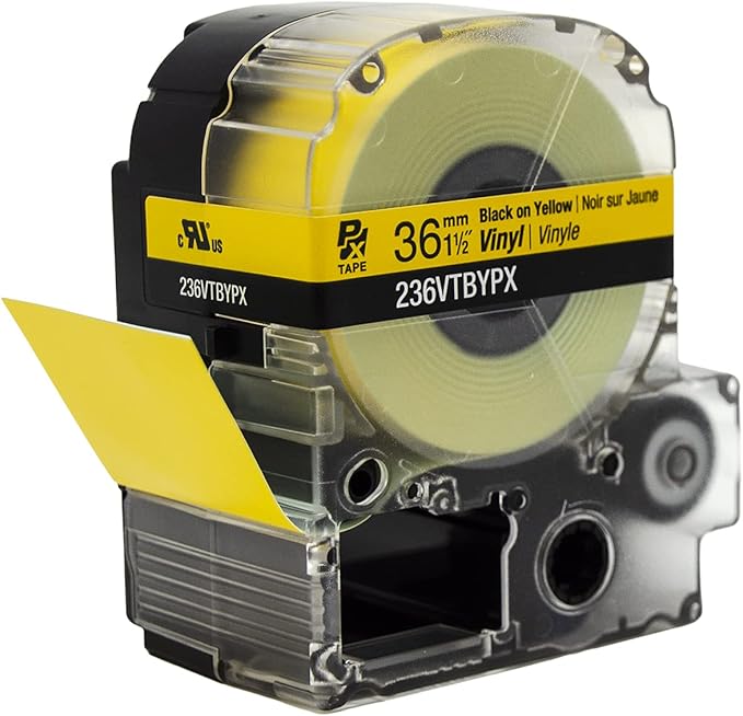LABELWORKS 236VTBYPX Tape Cartridge - Black on Yellow Flexible and Durable Vinyl Industrial Label Maker Tape - 1.5" (36MM) Wide, 22.9 ft