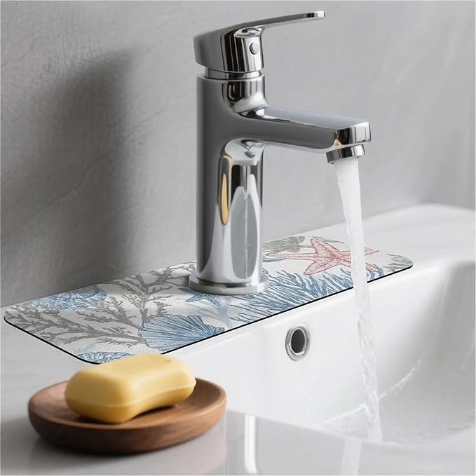 Kitchen Sink Splash Guard，coral starfish shells Faucet Mat Sink Gadgets-Super Absorbent Fast Drying Mat Drip Catcher for Kitchen, Bathroom,Sink Mat, Dish Drying Mat, Bathroom(15" X 5.5" )