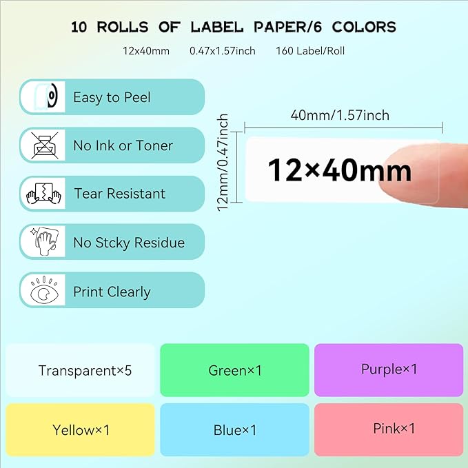 EEBBL D30 P15 HP4 Label Maker Tape 12mm 0.47 Laminated White, Works with Most Non-Encrypted Portable Label Printers，for Home, Office & Small Business 165 Labels/Roll, 5 Rolls Multicolor, 5Rolls Clear