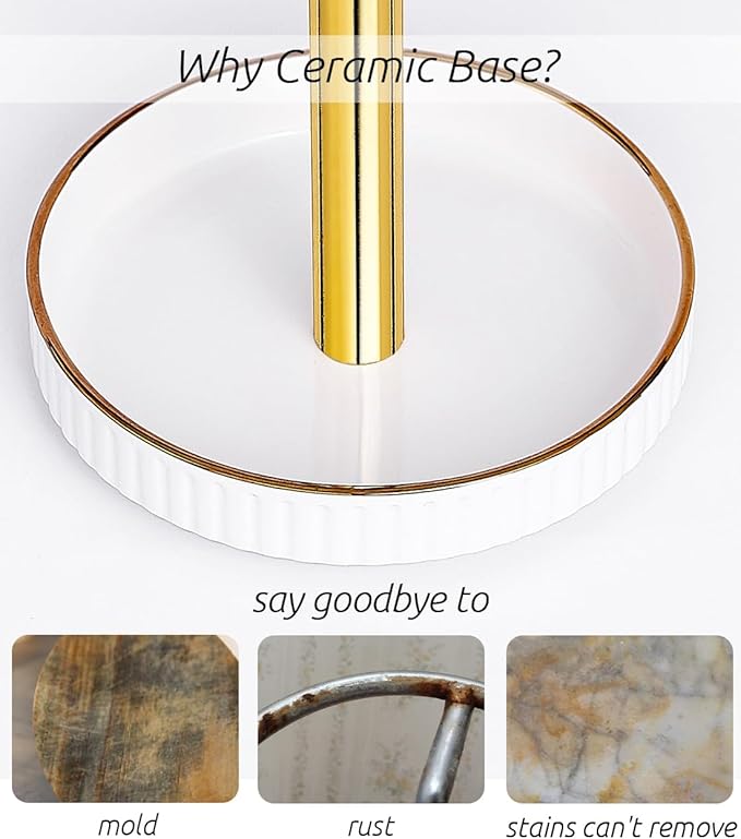 VROOMIUM Gold Paper Towel Holder Countertop, Ceramic Base Easy-to-Clean, 1.5 lbs, 7" B x 12.5" H, Stable Elegant and Durable Kitchen Roll Stand