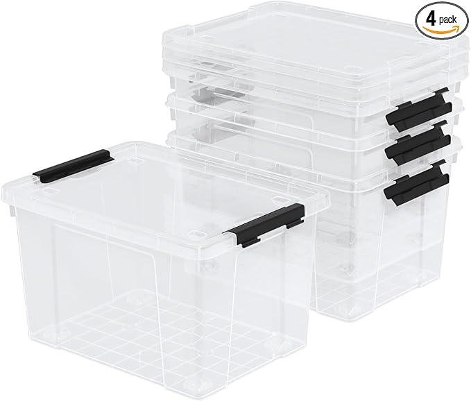 Hespama 34 Quart Clear Latching Storage Box, 4 Packs Plastic Storage Bins with Wheels