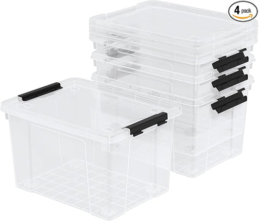 Hespama 34 Quart Clear Latching Storage Box, 4 Packs Plastic Storage Bins with Wheels