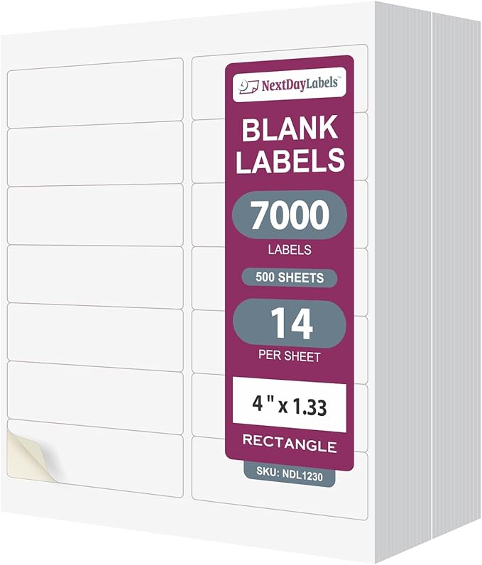 NextDayLabels 4x1.33 Inch Rectangle Stickers White Blank Labels for Laser Inkjet Printer - 14 Per Sheet Self-Adhesive Address Mailing Barcode Made in USA - 7,000 Labels