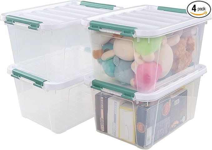 4-Pack Latching Box, Storage Bins with Lids, Clear Plastic, 20 Quart, Heavy-Duty Organizing Containers for Closet, Bathroom, and Office