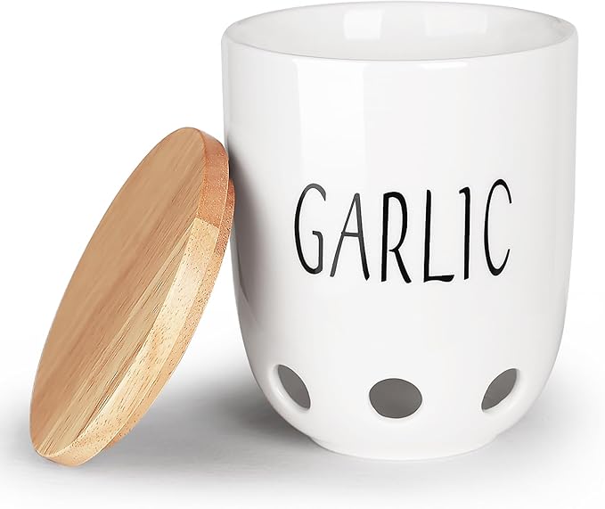 HAOTOP Ceramic Garlic Keeper for Counter, Garlic Saver Container with Wood Lid, Garlic Keeper for Kitchen, Garlic Holder to Keep Your Garlic Cloves Fresh Longer (White)
