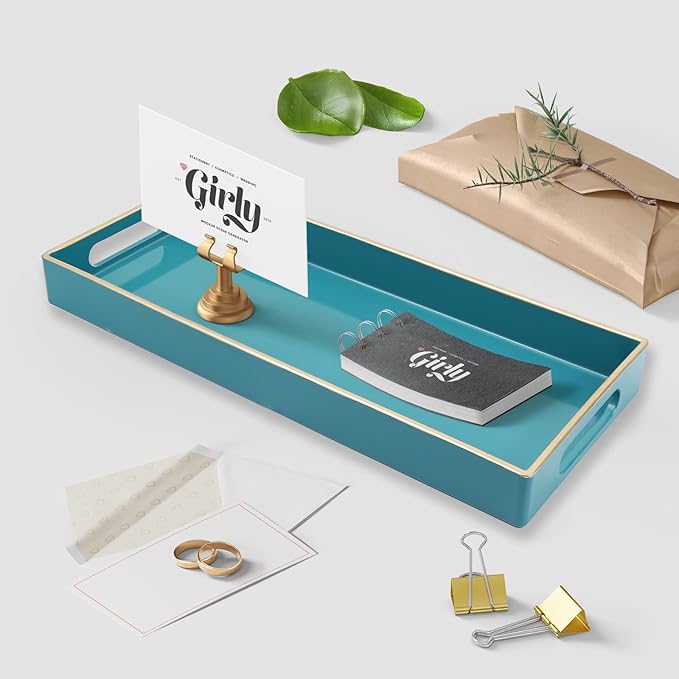 Leemxiiny Teal Blue Vanity Tray with Handles, Decorative Tray Desktop Storage Organizer for Bathroom, Living Room, 5.9"*13.7"