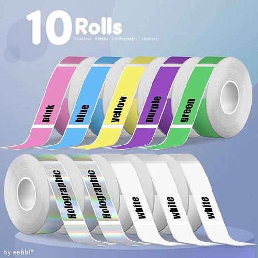 EEBBL D30 P15 HP4 Label Maker Tape, Label Maker Tape-12mm×40mm(0.47"x1.57") Sticker Thermal Paper Self-Adhesive Label, 10 Rolls 5 Colored 3 White 2 Holographic 1650 Pcs Colored