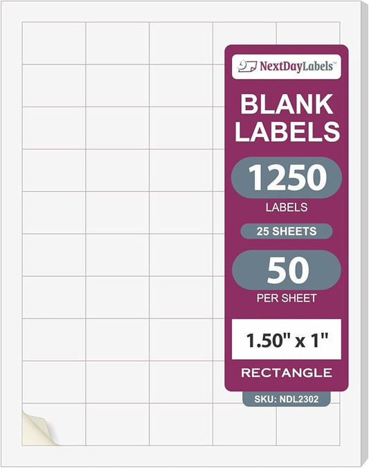 NextDayLabels 1.5x1 Inch Rectangle Stickers White Blank Labels for Laser Inkjet Printer - 50 Per Sheet Self-Adhesive Name Tags Address Barcode, Made in USA - 1250 Labels