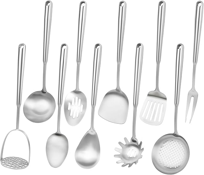 18 10 Stainless Steel Cooking Utensils Set, 10PCS Metal Kitchen Utensils Set for Wok,Kitchen Tools Set Come with Spoon, Fork, Spatula, Ladle, Skimmer, Turner, Pasta Server
