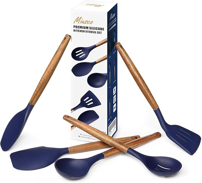 Miusco Non-Stick Silicone Kitchen Utensils Set with Natural Acacia Hard Wood Handle, 5 Piece, Midnight Blue, BPA Free, Baking & Serving Silicone Cooking Utensils