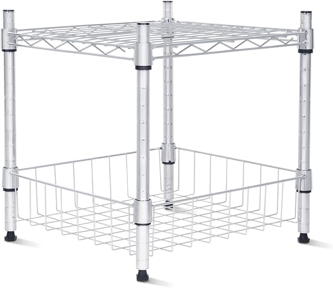 Whitmor 2 Tier Metal Storage Shelves, Heavy Duty Shelf with Basket, 350 lbs Capacity per Shelf, 700 lbs Total, Home Organizer for Kitchen, Garage, Bathroom, 15" L x 14" W x 15" H, Chrome