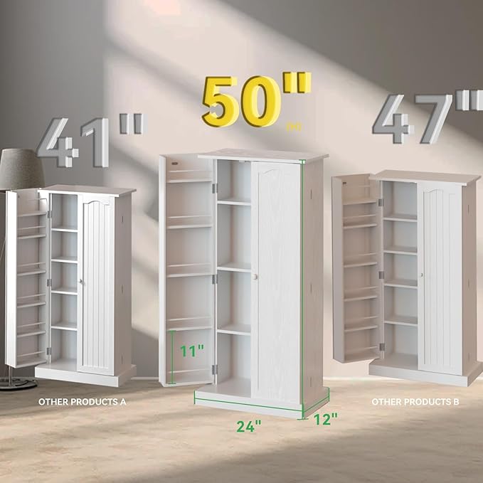 FJTJBSI 50" LED Kitchen Pantry Cabinet White Storage Cabinet Food Pantry with Doors and Adjustable Shelves Freestanding Buffet Cupboards Sideboard for Kitchen Living Room and Dinning Room