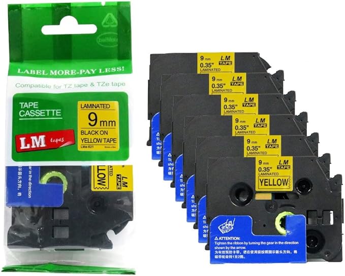 6/Pack LM Tapes - LMe-621 Premium 3/8" Black Print on Yellow Label Compatible with Brother TZe621 Tape and Includes Tape Color/Size Guide. Replaces TZ-621 9mm 0.35 Laminated.