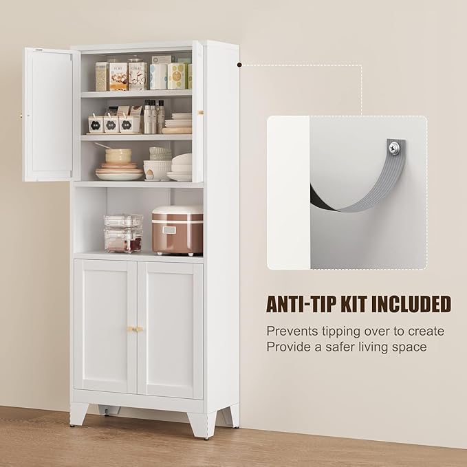 YAUWOH Metal Pantry Storage Cabinet, 69" Tall Storoge Cabinet with 4 Doors & 3 Adjustable Shelves, Microwave Stand with Storage for Kitchen, Dining Room, Living Room (1PC,White)