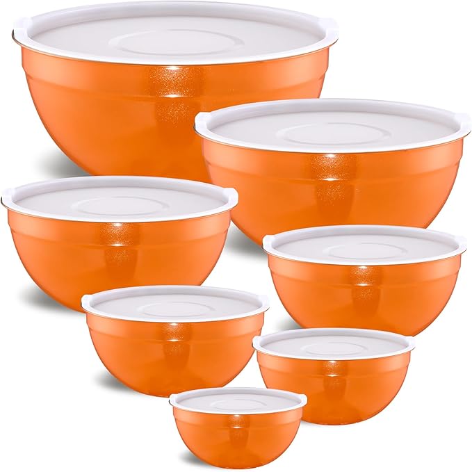 Moxinox Orange Mixing Bowls with Airtight Lids, Stainless Steel Nesting Mixing Bowls Set of 7, Ideal for Baking, Prepping and Serving Food, Size 7, 3.6, 2.7, 2.1, 1.5, 1.1,0.8 QT, Stackable Design