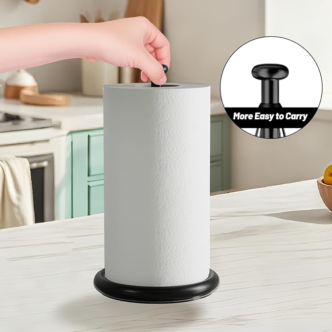 VEHHE Paper Towel Holder Countertop with Weighted Base, One-Handed Tear Paper Towel Holder with Damping Function and EVA Non-Slip Pad for Bathroom and Kitchen (Black)