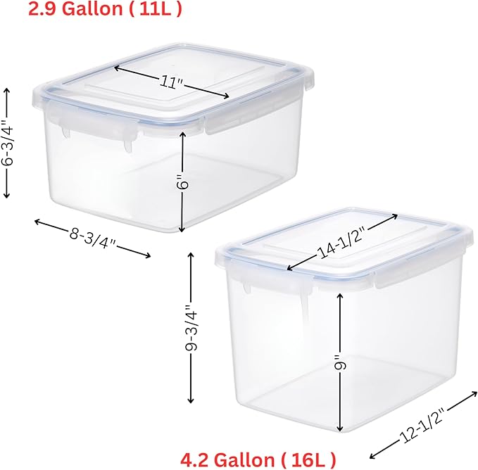 Lustroware Jumbo Food Storage Container Set of 2 with Lids – 12 & 17 Quart Airtight Latching Boxes, Heavy-Duty Stackable Bins for Rice, Flour, Pet Food, Closet, Pantry, Kitchen, Pantry, Made in Japan