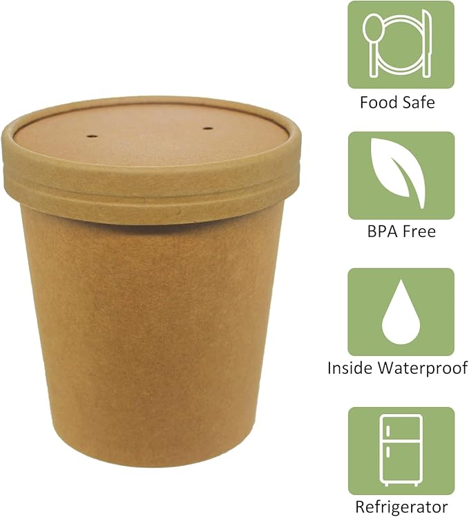 Belinlen 50 SET 16OZ Kraft Dessert Cups with Lids Compostable Paper Food Cup with Vented Lid, Pint Frozen Dessert Containers Ice Cream Cups with Lids, Great For Restaurants, Take Outs, or To-Go Lunch