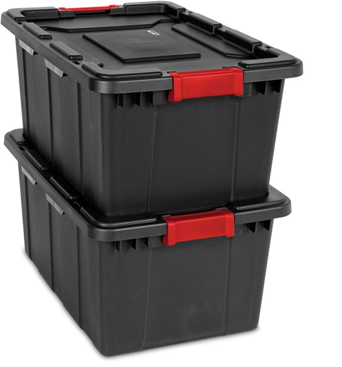 Sterilite 8-Pack Industrial Tote, Plastic Storage Bins with Lids, 27 Gallon, Black - Heavy-Duty Organizing Containers for Closet, Bathroom, and Office