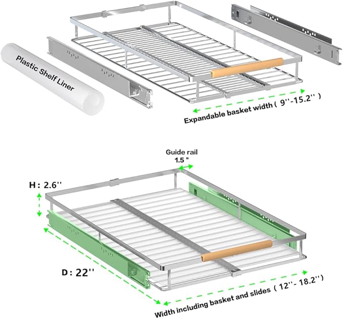 MIYUPTC Expandable Pull Out Cabinet Drawer, Slide Out Shelves Heavy Duty Metal, Kitchen Pantry Under Sink Storage Roll Out Drawer for Pots, Pans, 22.4''Deep(3 Pack)