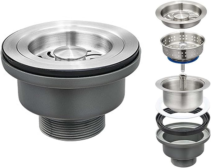 3-1/2 ‘’Kitchen Sink Drain Assembly Kit 304 Stainless Steel Sink Strainer Drain Basket Replacement with Sink Stopper Sealing Lid for Kitchen Bathroom Drain Kit