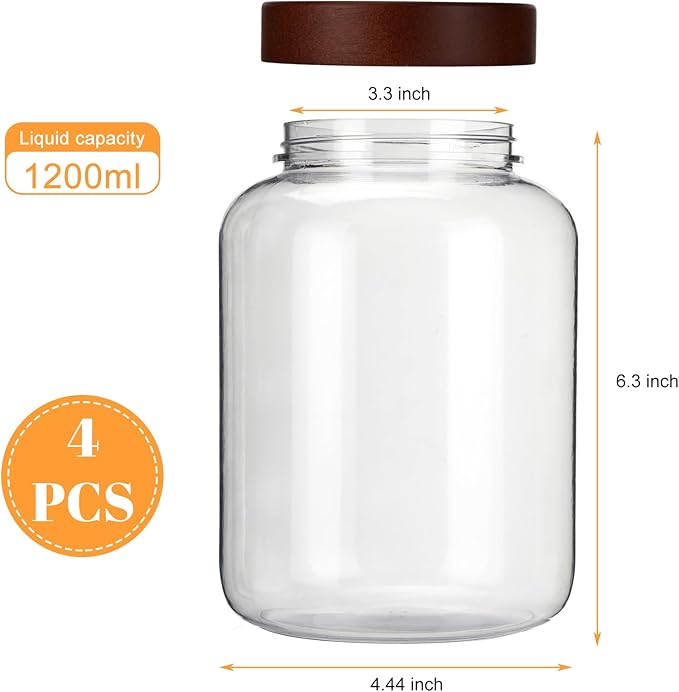 LemonRoad 4 Pcs 40 FL OZ (1200ml) Plastic Storage Jars with Airtight Wooden Lid Large Clear Food Storage Container Canister for Sugar, Tea, Spices, Coffee, Bean, Candy, Cookies, Kitchen